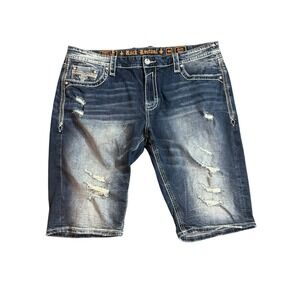 Rock Revival Addar Distressed Ripped Stretch Jean Shorts Mens Size 44 Stud Denim